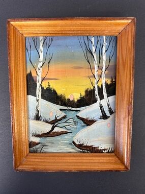 Vintage 1990 wood  framed Ukrainian artist signed  mini landscape oil painting